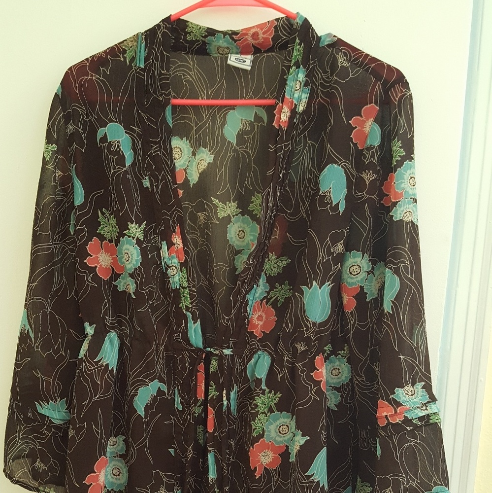 Brown Hawaiian print jacket with front tie, M XL
